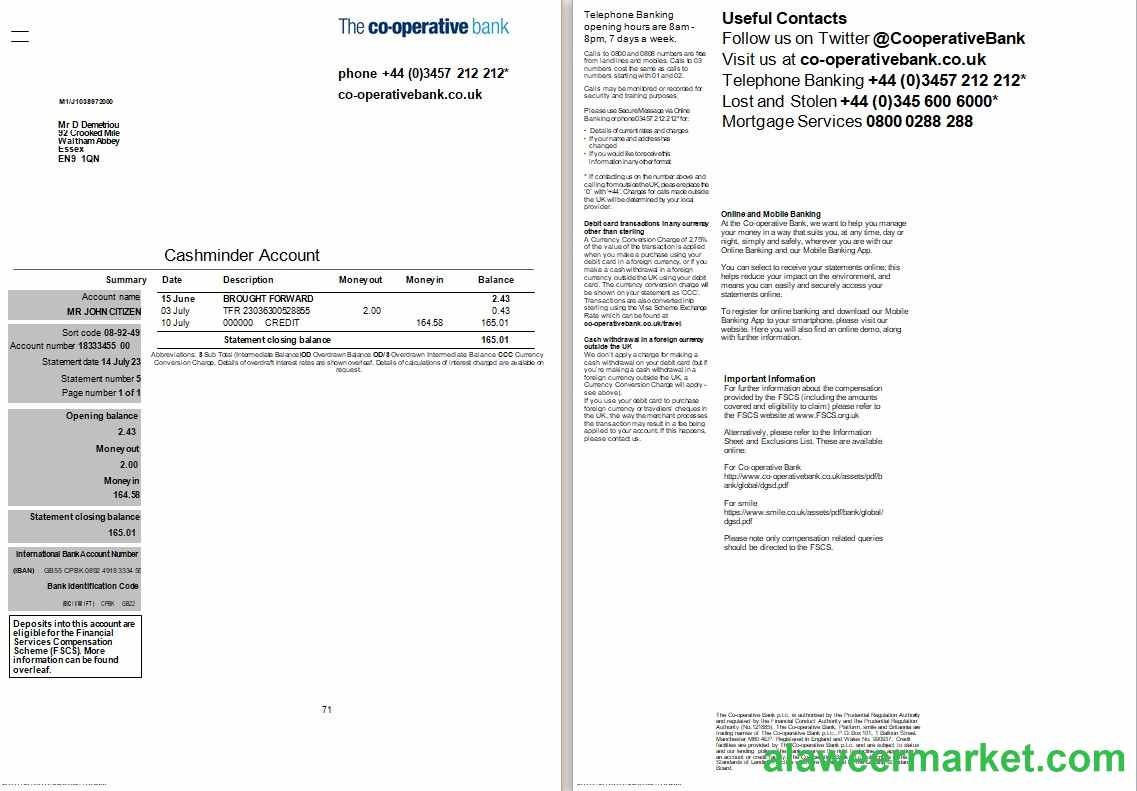 United Kingdom The Cooperative Bank statement Word and PDF template, 2 pages